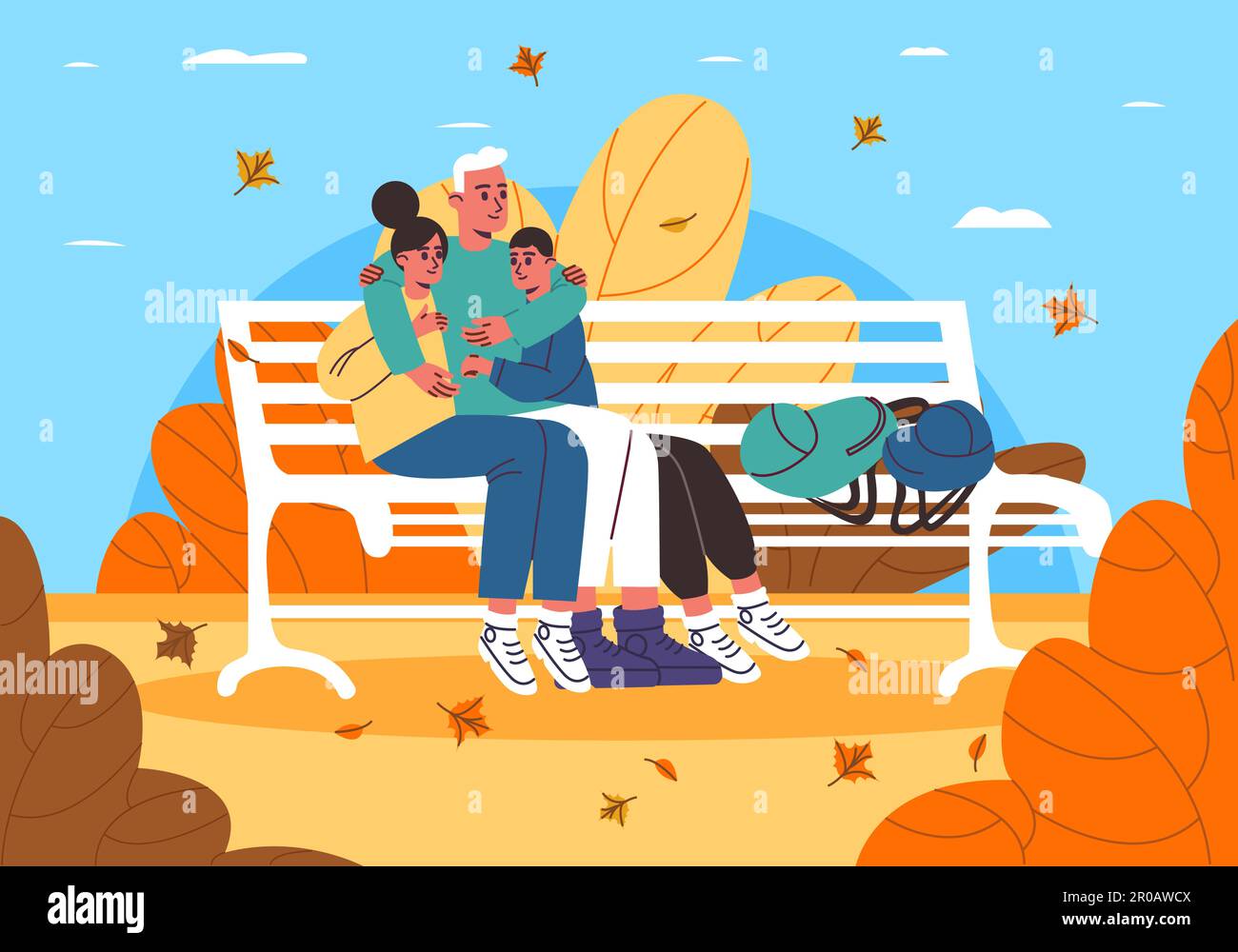 People sitting on bench. Father spends time with children in autumn