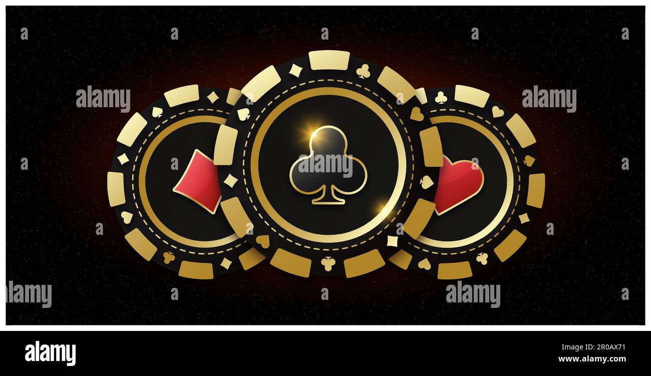 Trio of playing chips. Realistic playing chip with the suit of clubs in the center, gambling tokens. The concept of playing poker or casino. Gambling. Stock Vector
