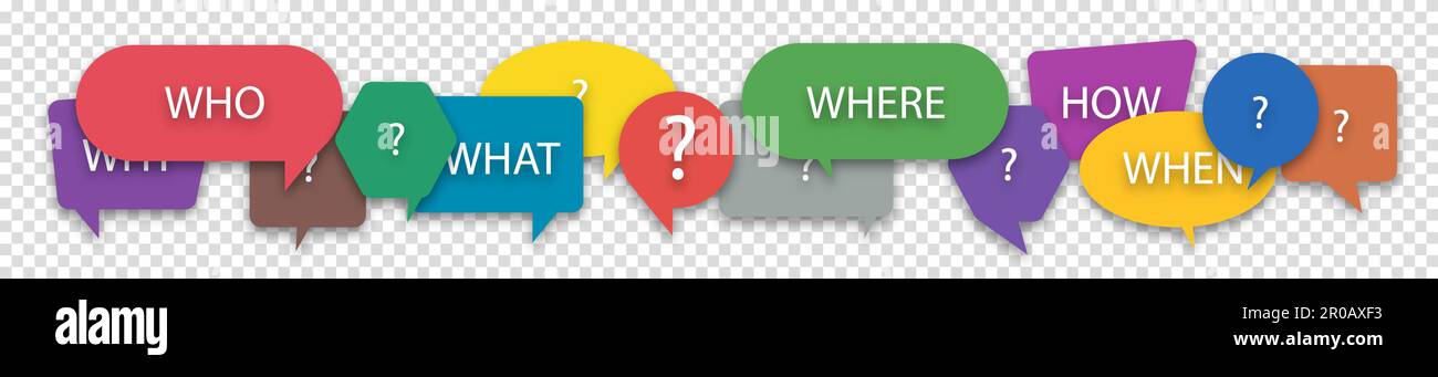 Questions who, what, how, why, for what and where on a colorful speech ...