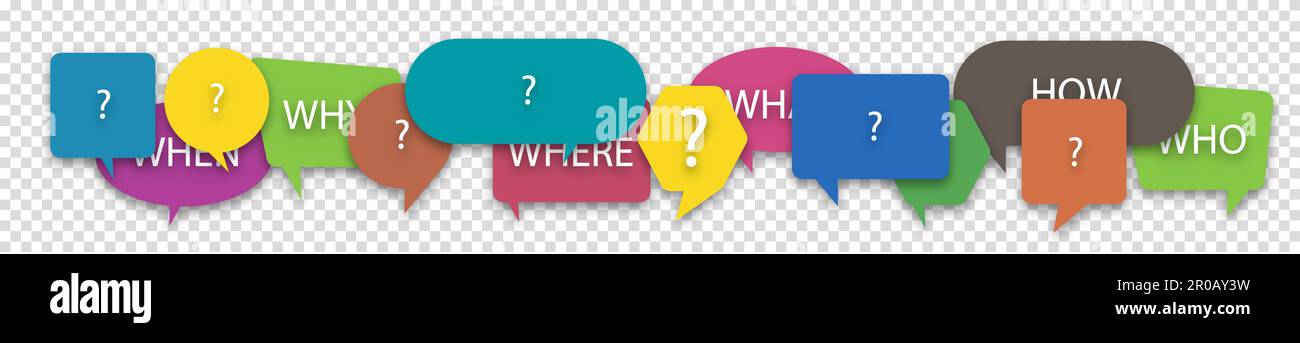 Questions who, what, how, why, for what and where on a colorful speech ...