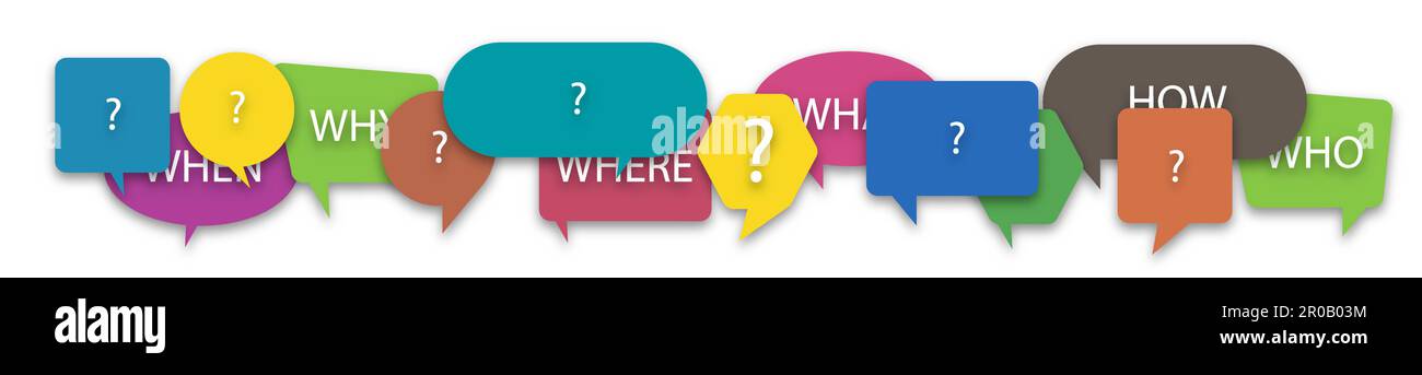 Questions who, what, how, why, for what and where on a colorful speech ...