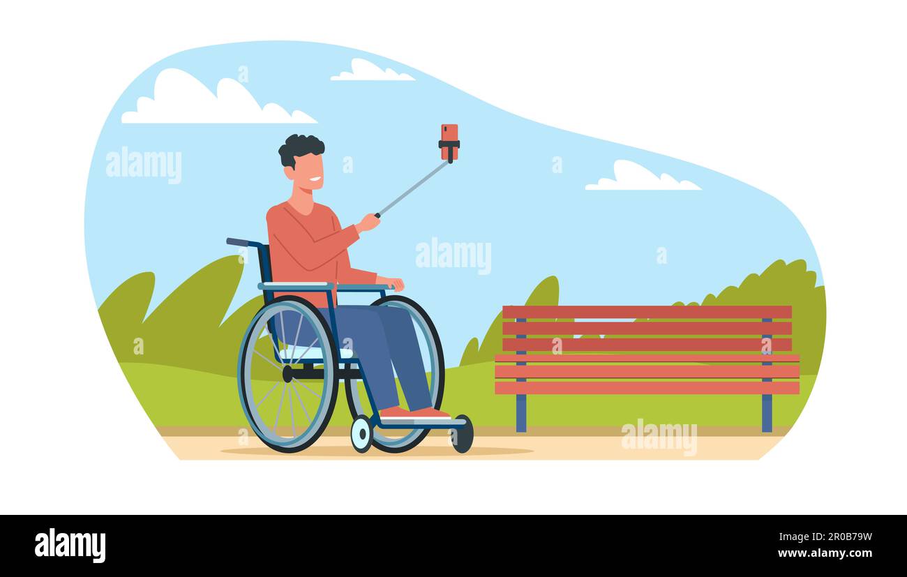 Man in wheelchair takes selfies in city park. Happy character with disabilities walking, taking photos, disabled boy blogger make content. Cartoon Stock Vector