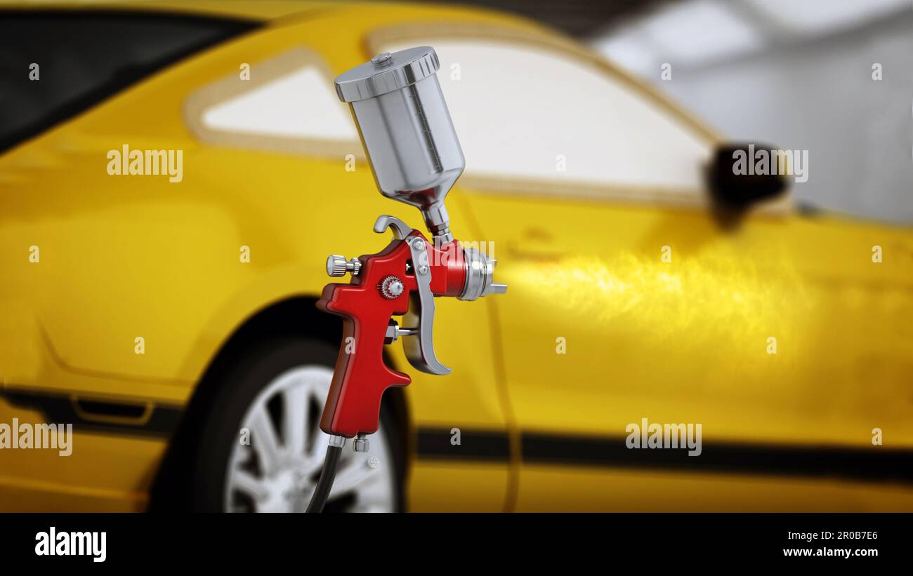 Paint gun spraying yellow paint over the car panels. 3D illustration