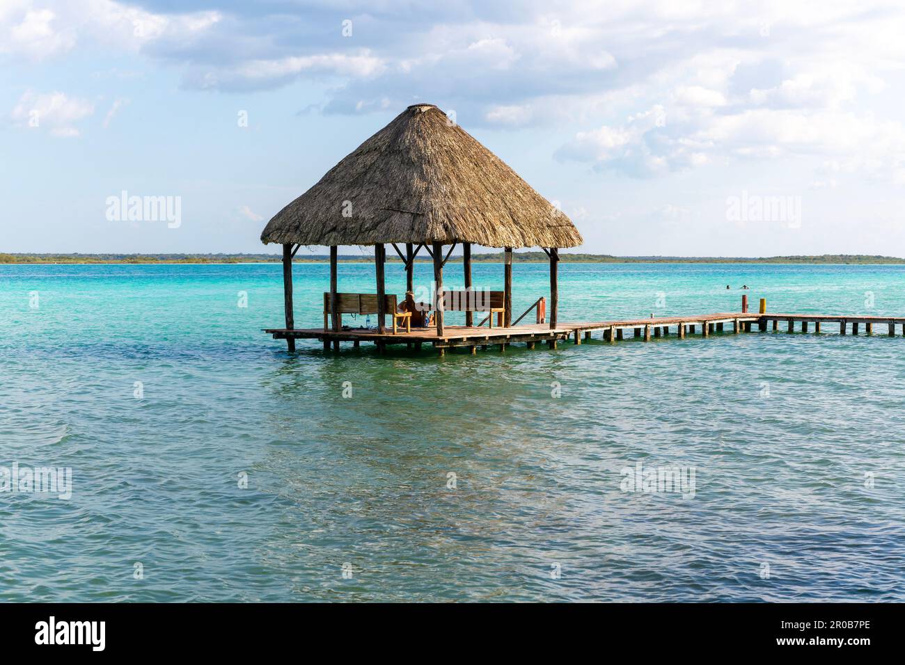 Cabana thatched cabin on wooden jetty Lake Bacalar, Bacalar, Quintana Roo, Yucatan Peninsula