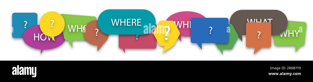 Questions who, what, how, why, for what and where on a colorful speech ...