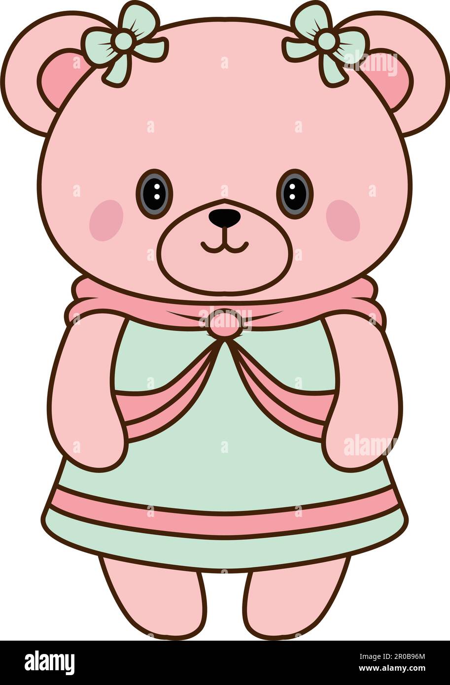 Vector cute bear doll in princess dress icon. Vector pink shy bear with bows and blue dress icon Stock Vector