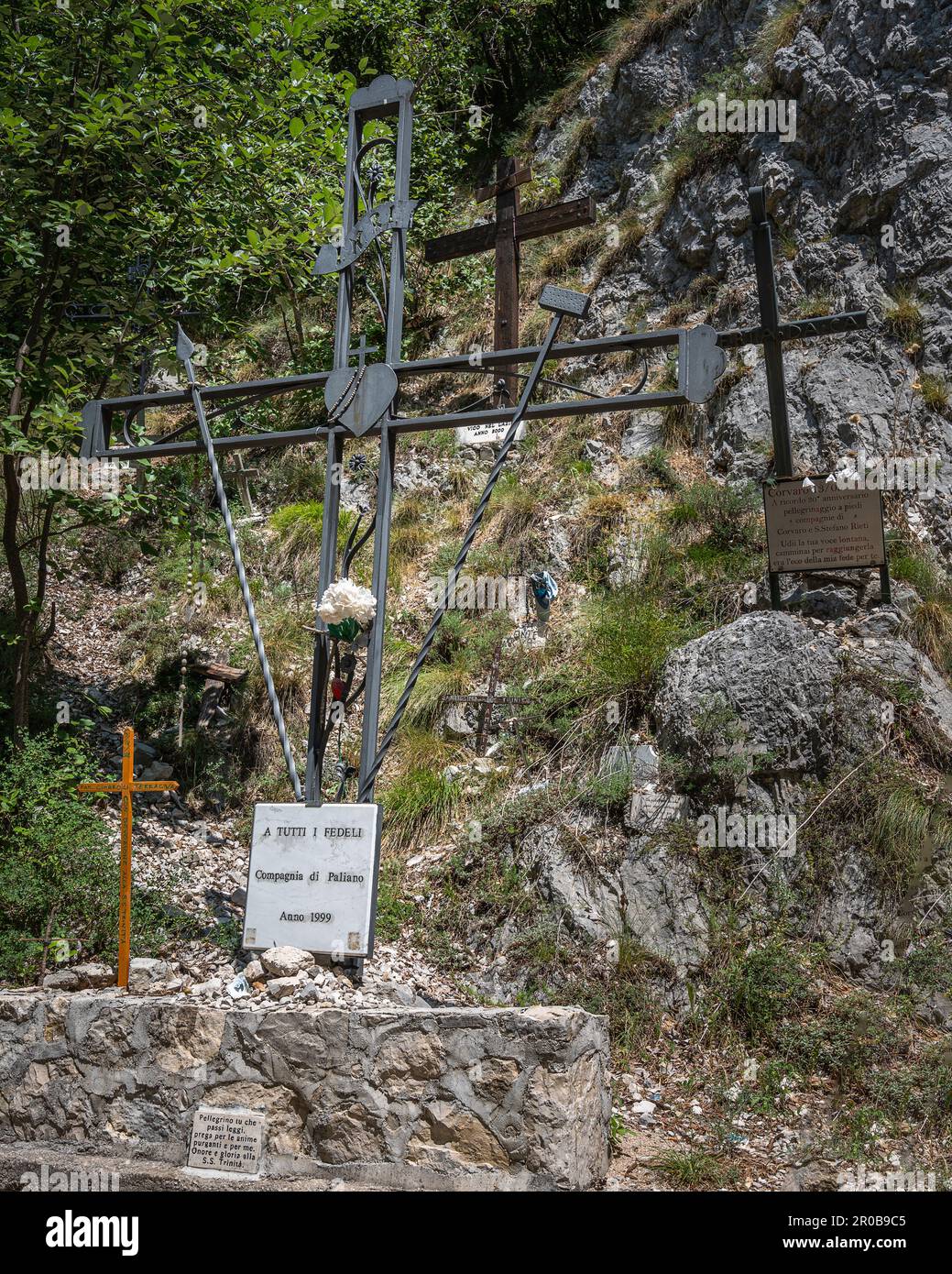 Devotional crosses of the various companies that arrive on pilgrimage to honor the Holy Trinity of Vallepietra. Vallepietra, Rome province, Lazio Stock Photo