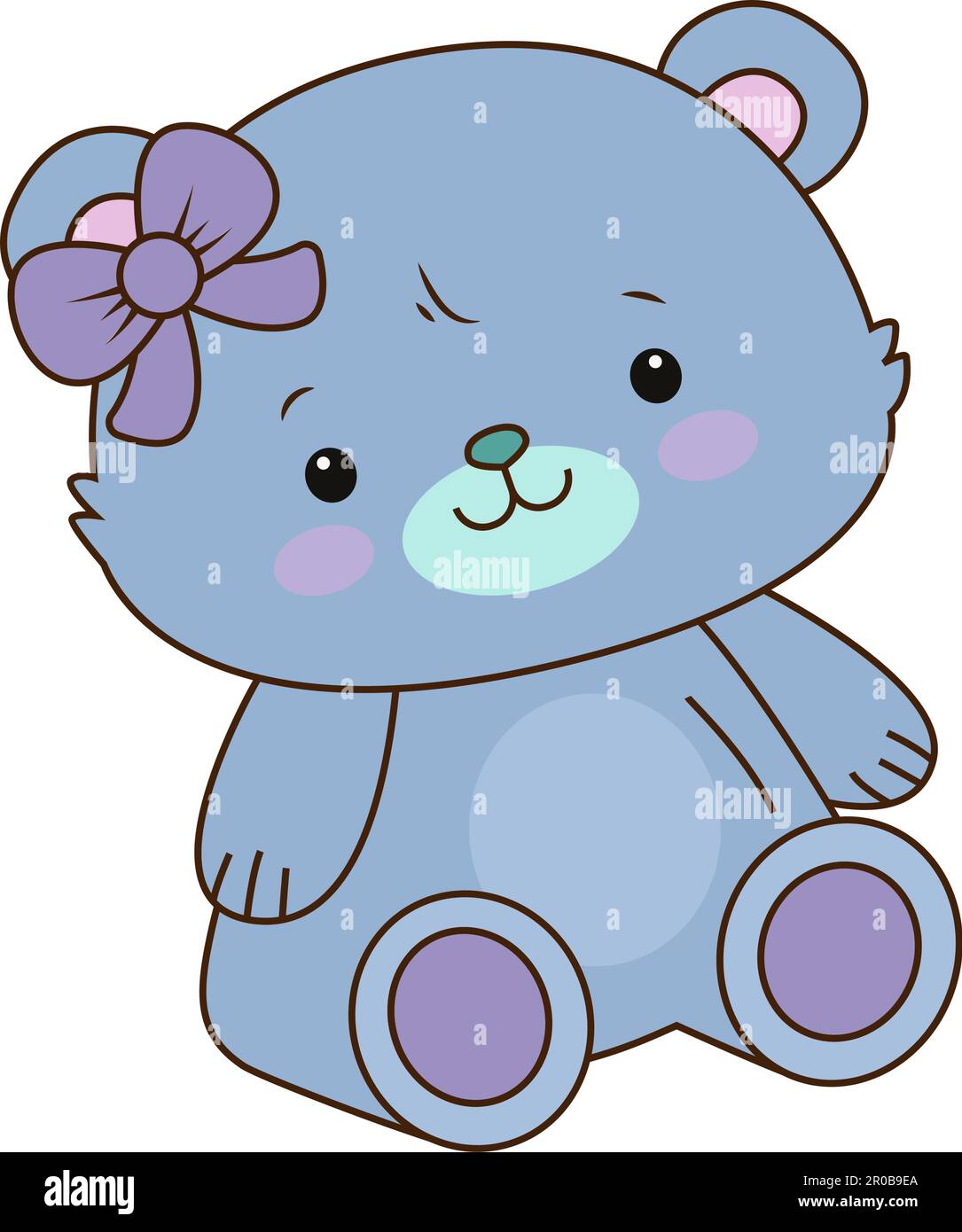 Vector blue teddy bear icon. Vector toy bear with purple bow icon Stock