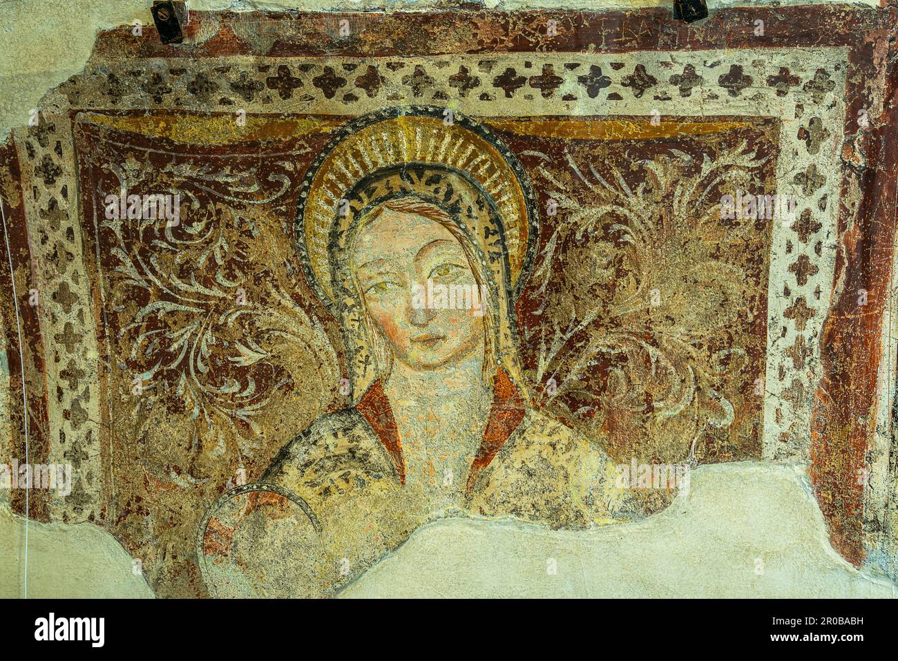 Shrine of the Holy Trinity of Vallepietra, ancient fresco representing the Madonna with the child. Vallepietra, Lazio, Italy, Europe Stock Photo