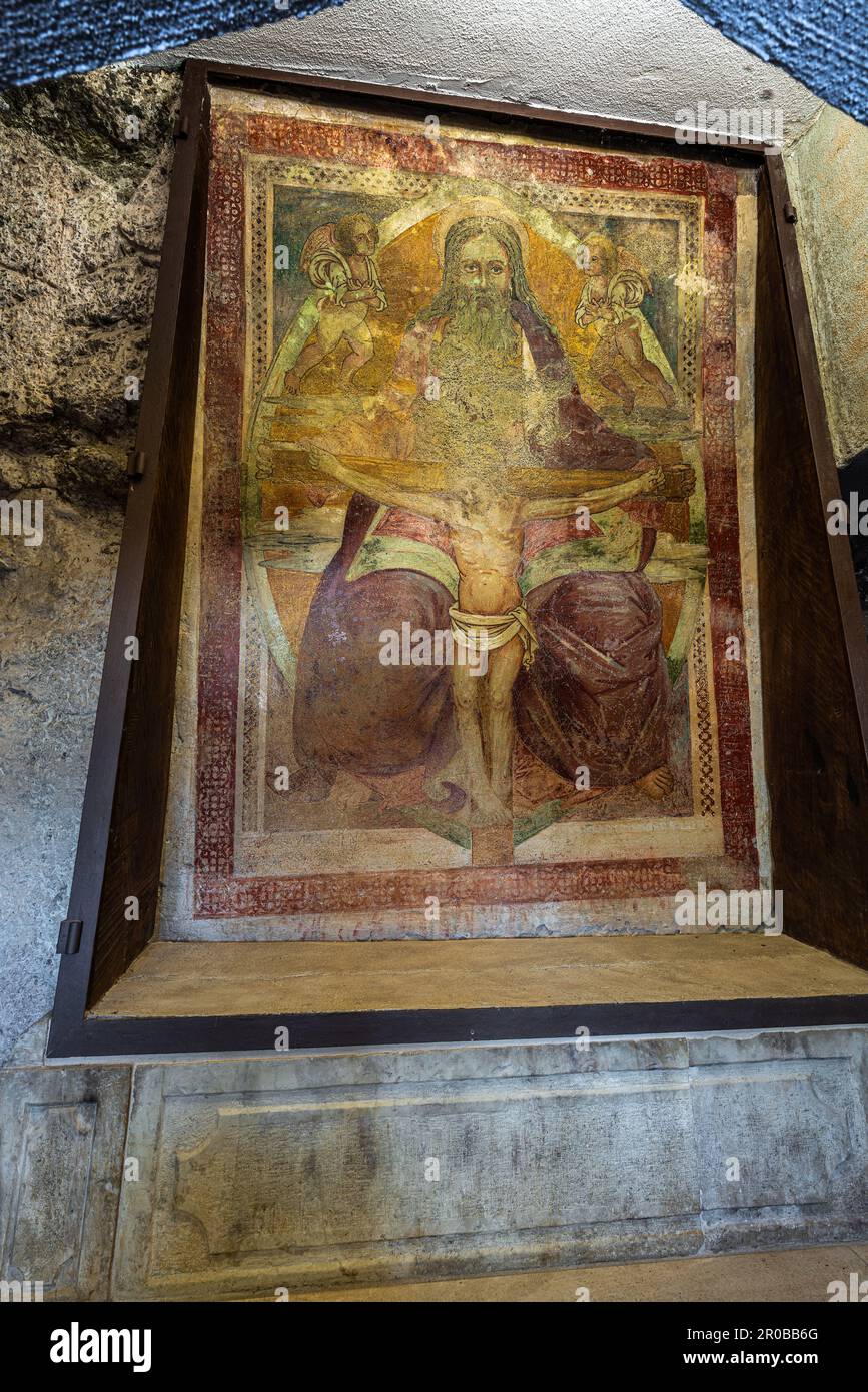 Shrine of the Holy Trinity of Vallepietra, ancient fresco representing the Holy Trinity. Vallepietra, Lazio, Italy, Europe Stock Photo