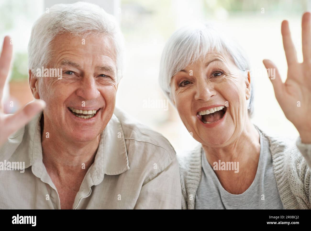 Portrait, senior couple and waving on video call, digital communication and  voip connection at home. Face of happy old man, excited woman and hello  Stock Photo - Alamy