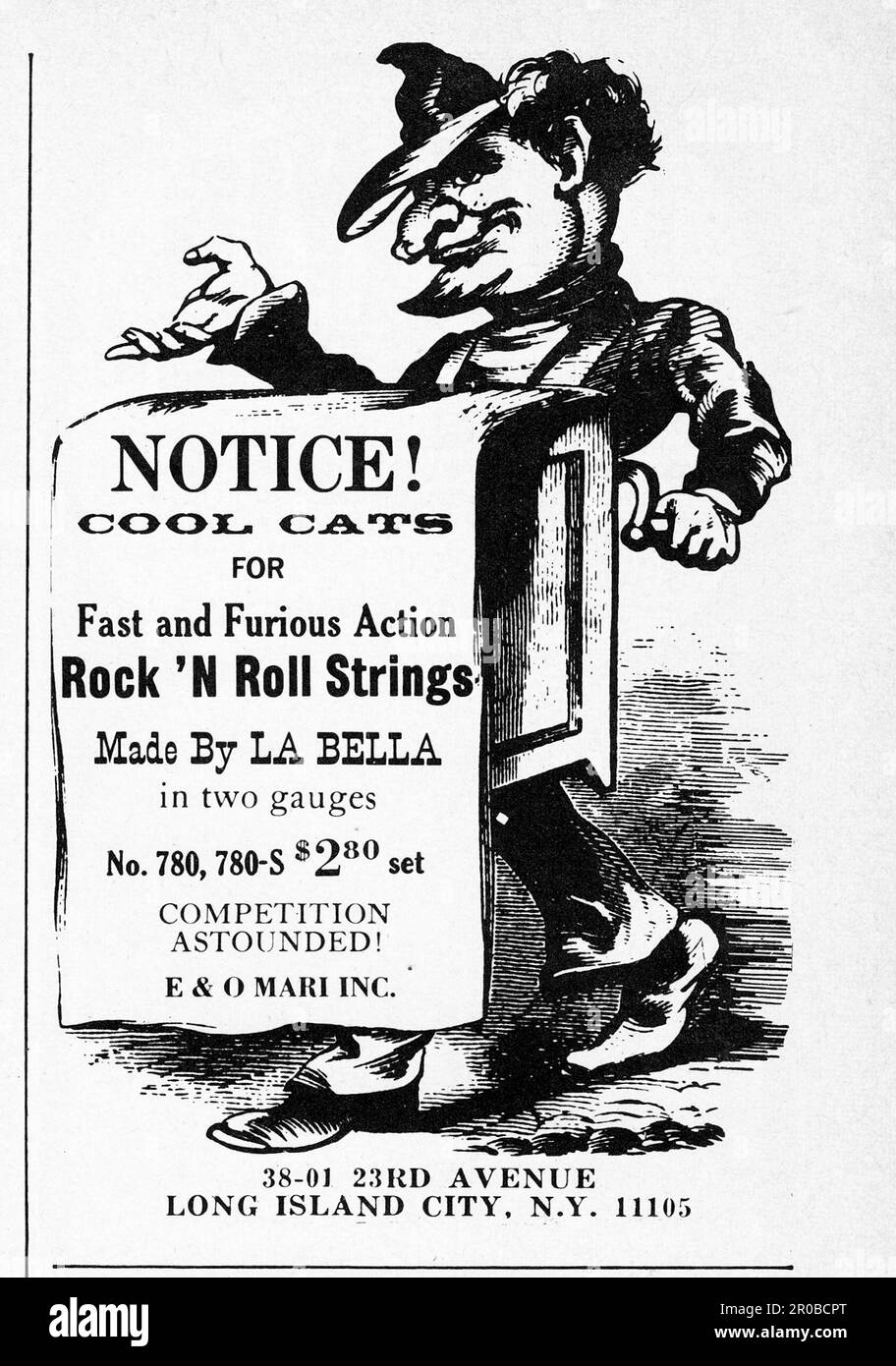 An ad for La Bella fast and furious guitar strings featuring an old fashioned illustration of a somewhat creepy guy printing notices for cool cats. From a mid 1960s magazine ad. Stock Photo