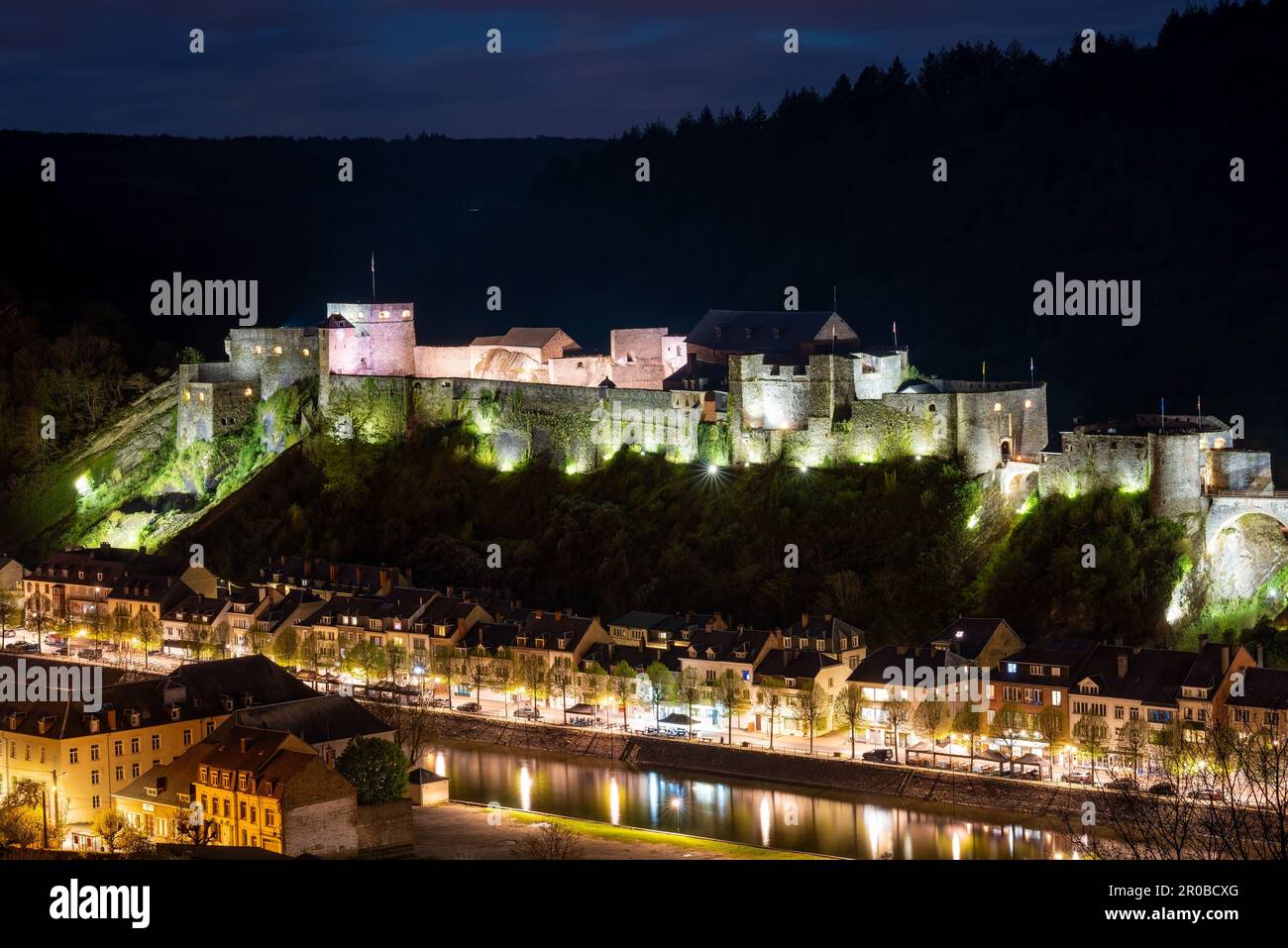 Bouillon Castle on the Semois river at night, Ardennes, Belgium Stock