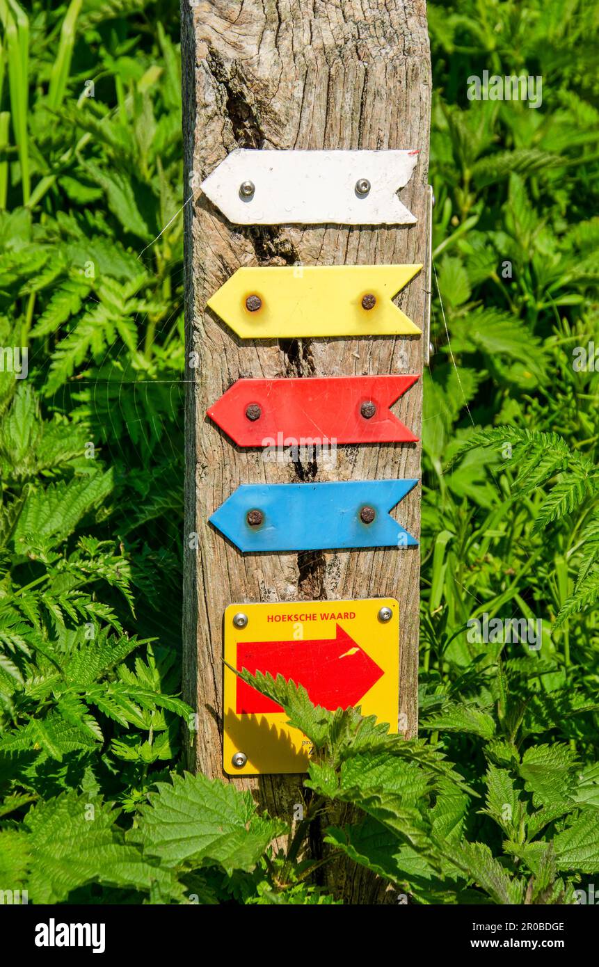 Tiengemeten, The Netherlands, April 30, 2023: little wooden pole with colorful arrows indicating the islands hiking routes Stock Photo