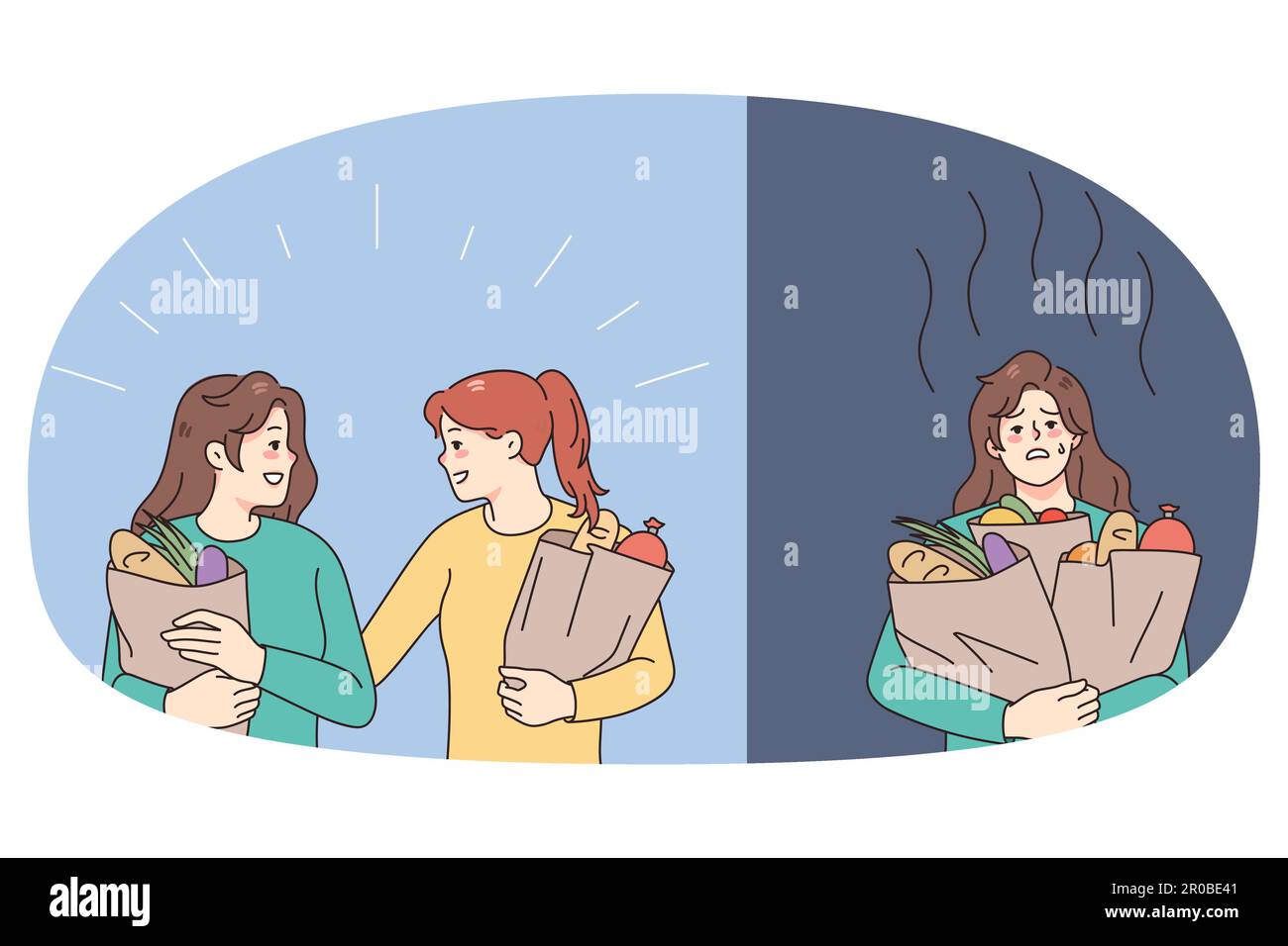 Personal assistant help tired woman with grocery shopping. Smiling