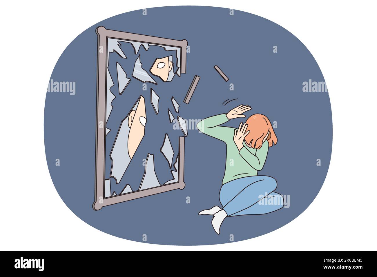 Unhappy young woman near broken mirror struggle with mental problem or depression. Upset girl suffer from psychological disorder or bullying. Inner conflict concept. Vector illustration. Stock Vector