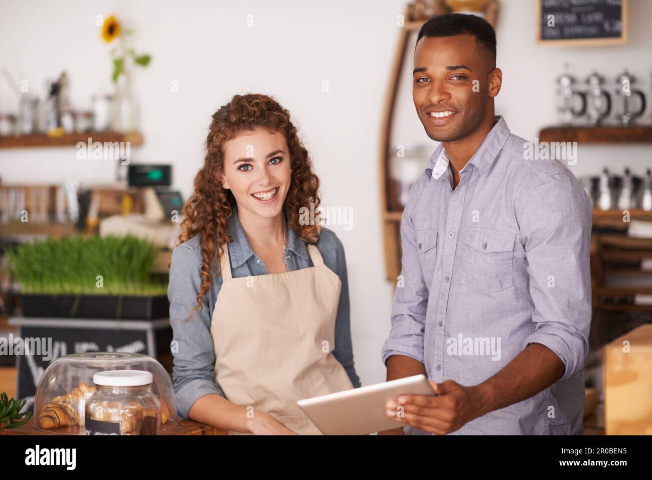 Cafe owners, tablet and portrait of people, training and coaching in