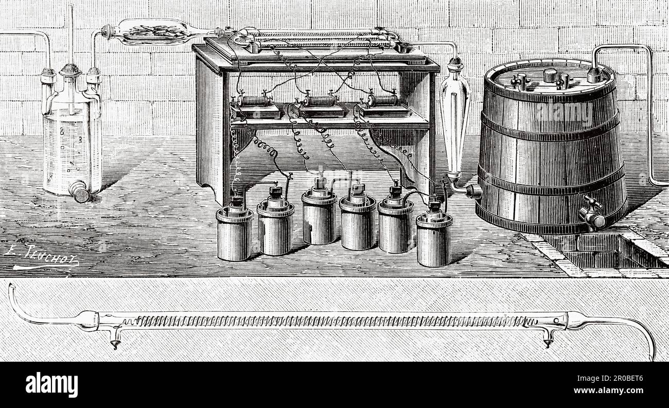 Disinfection of alcoholic phlegm and aging of spirits by oxone. Apparatus for rectifying alcohols. Old 19th century engraving from La Nature 1887 Stock Photo