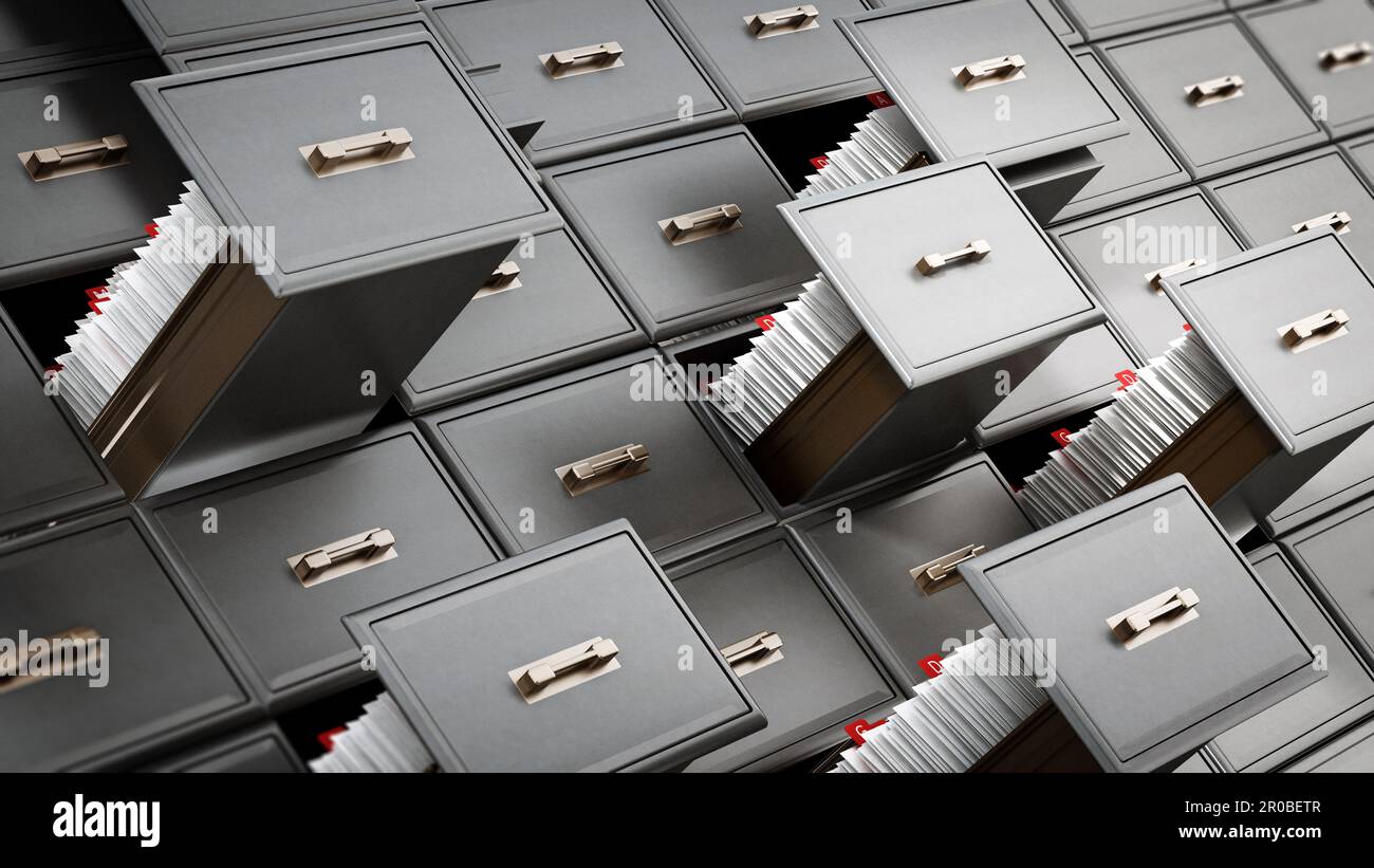 Library catalogue wooden drawer with letters. 3D illustration Stock ...