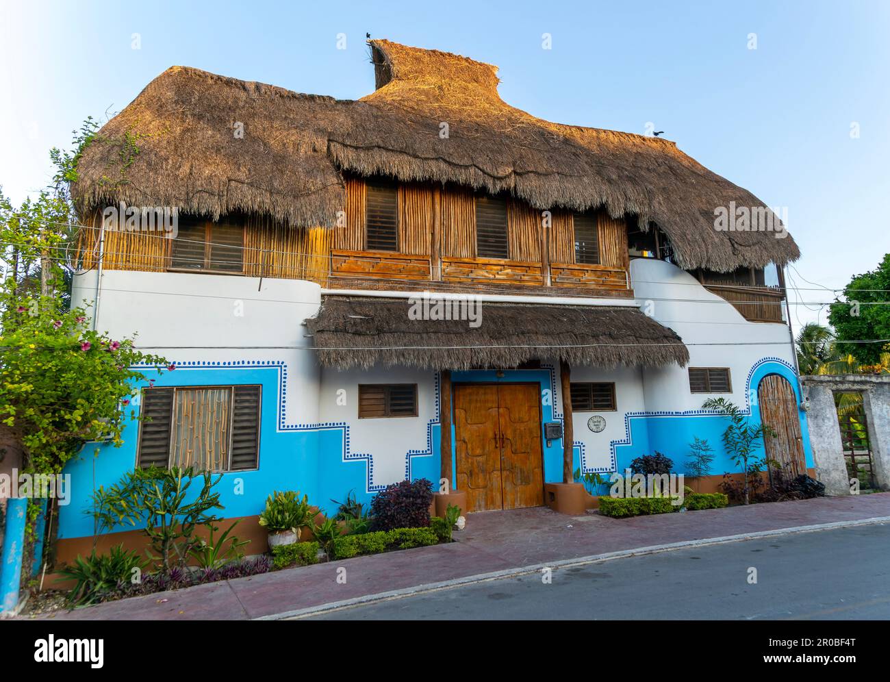 Unusual thatched palm house, Bacalar, Quintana Roo, Yucatan Peninsula ...