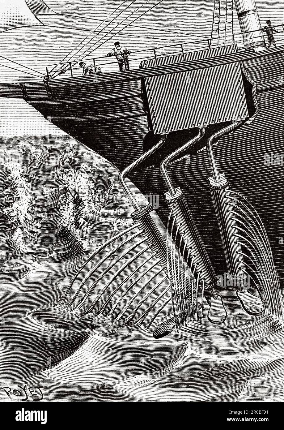 Device for throwing oil into the sea. Old 19th century engraving from