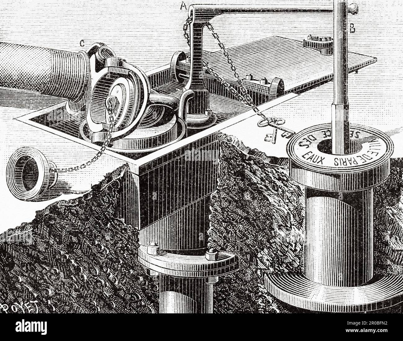 Paris fire brigade equipment materials, hydrant under the sidewalk