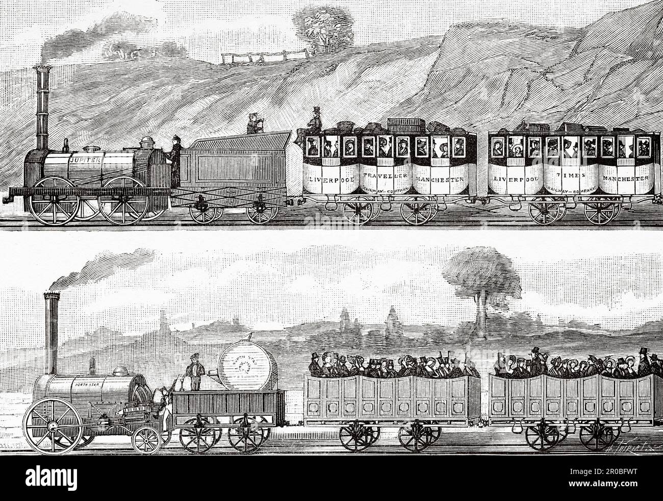 Steam locomotives between Liverpool and Manchester in 1831, England. Old 19th century engraving from La Nature 1887 Stock Photo