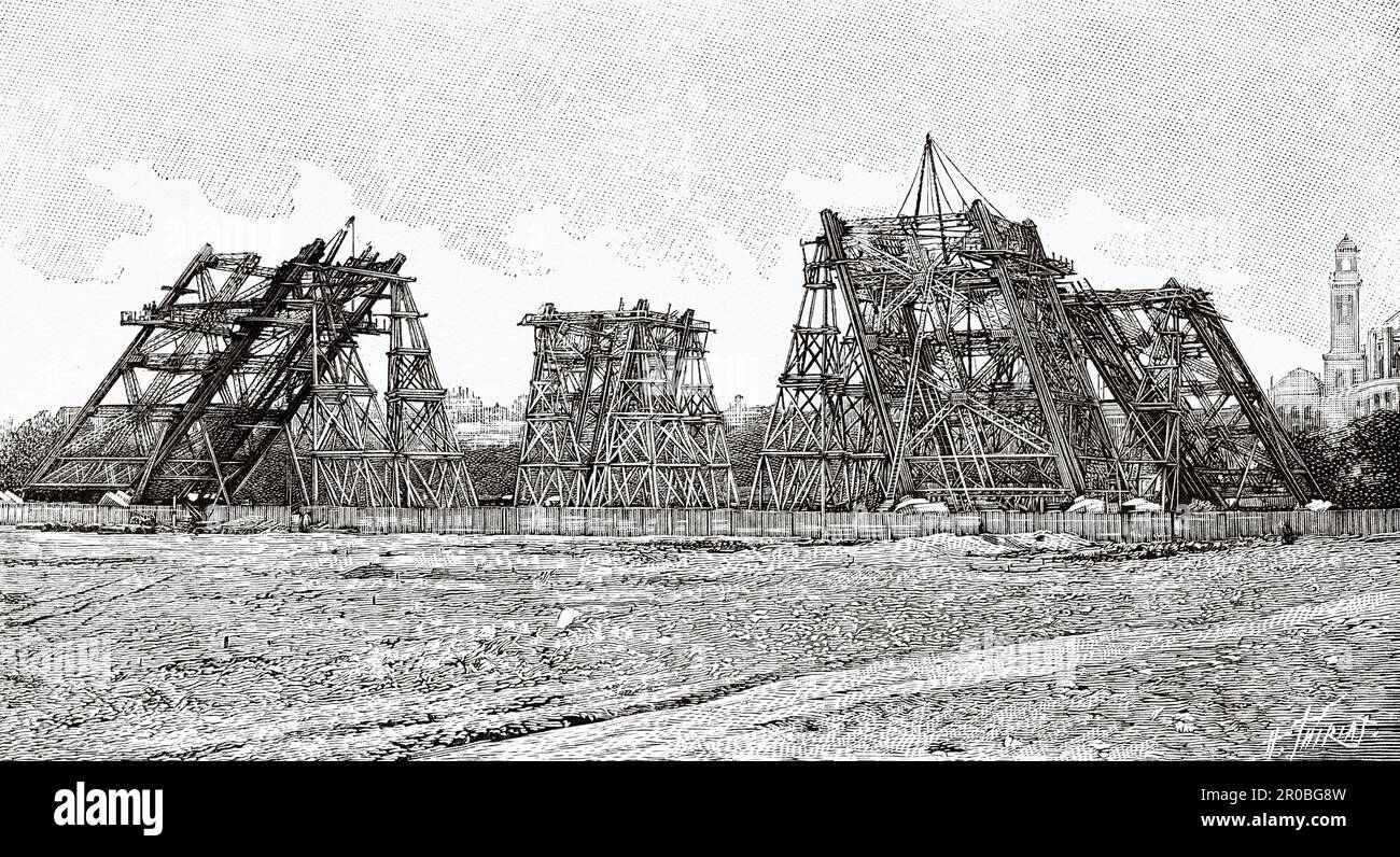 Construction of the Eiffel Tower on the Champ de Mars in Paris on October 10, 1887. France. Old 19th century engraving from La Nature 1887 Stock Photo