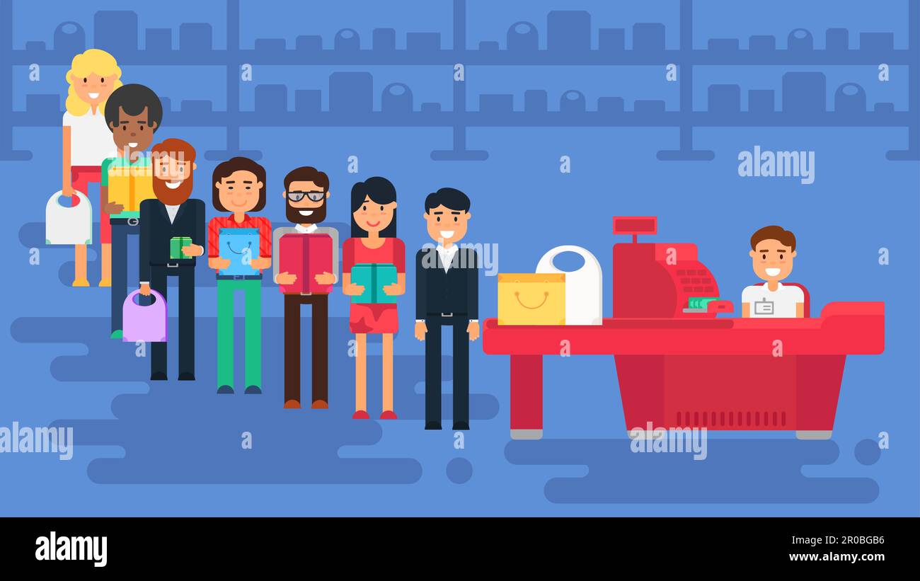 Store with customers crowd and cashier near cash desk. Store or market