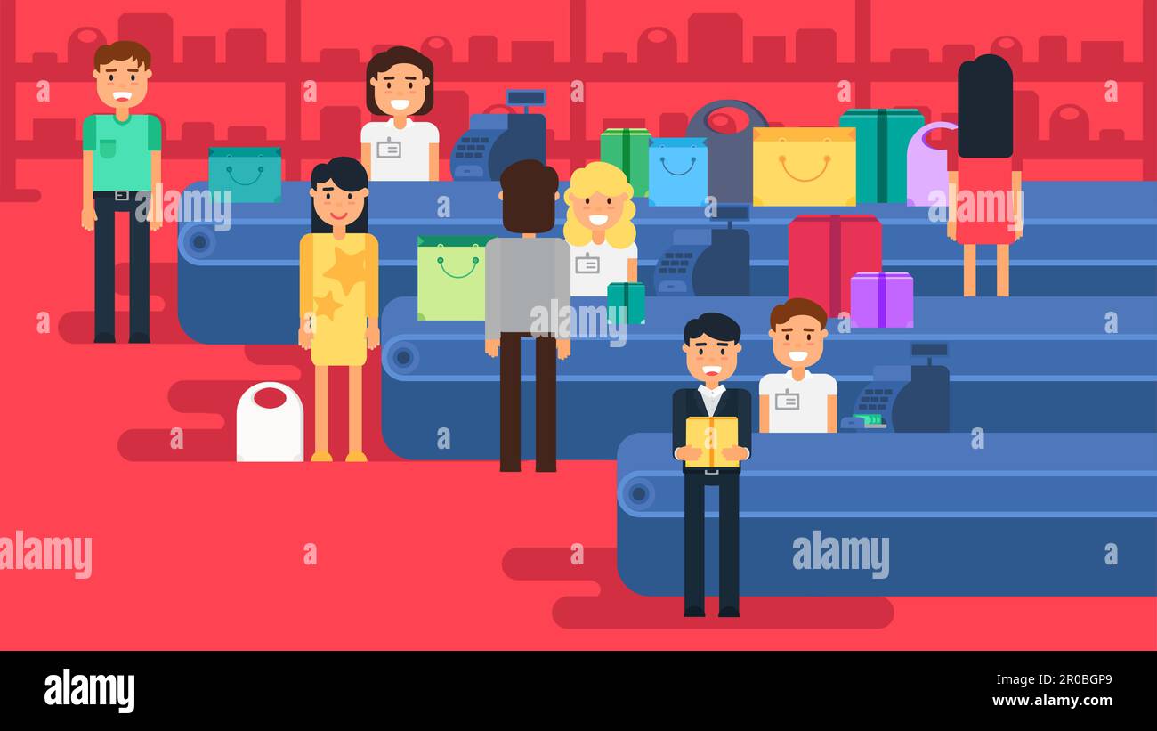 Store with customers crowd and cashier near cash desk. Store or market