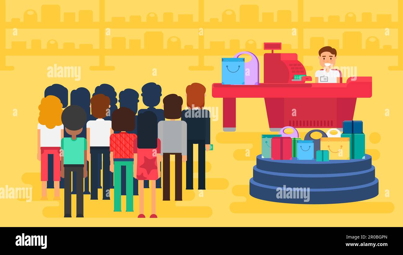 Store with customers crowd and cashier near cash desk. Store or market