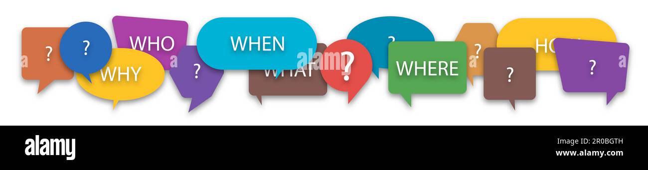 Questions who, what, how, why, for what and where on a colorful speech ...