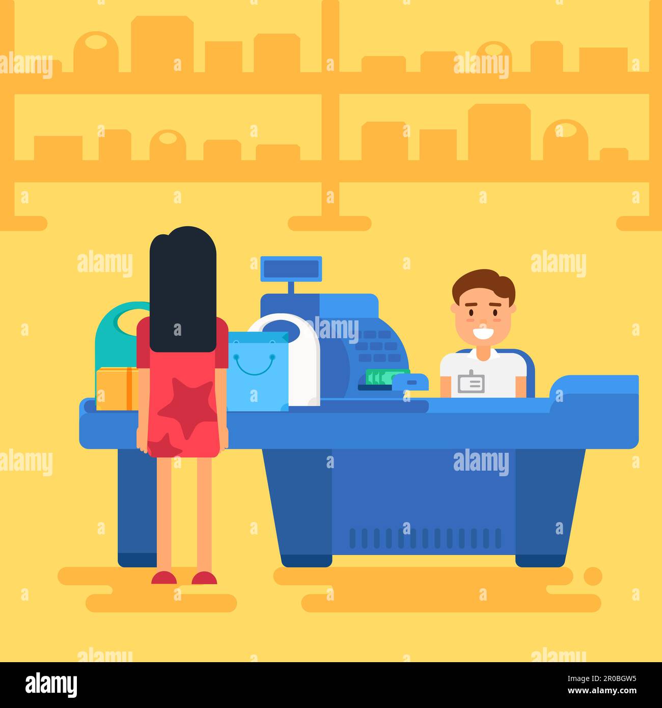 Store with customer and cashier near cash desk. Store or market retail