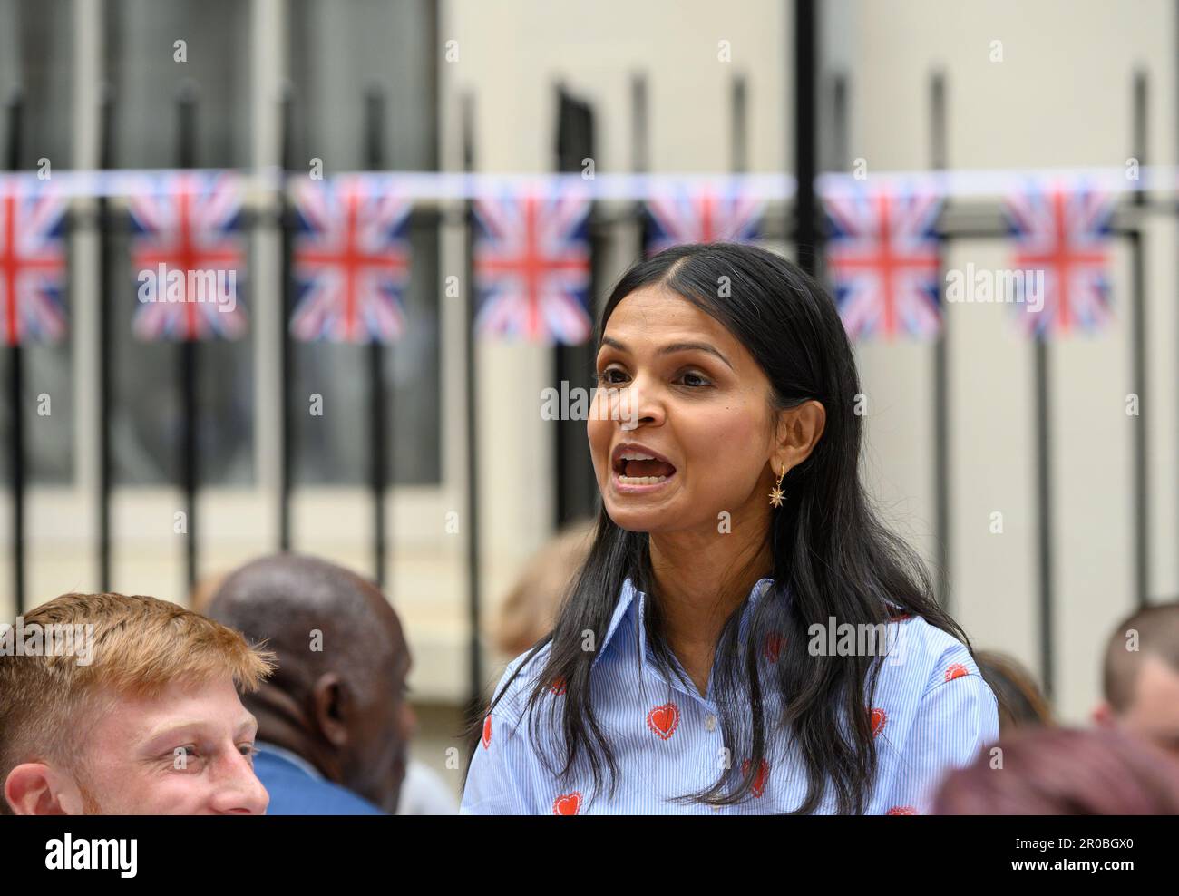 Akshata Murty - wife of Prime Minister Rishi Sunak -  at the Coronation Big Lunch hosted by them in Downing Street, London. 7th May 2023 Stock Photo