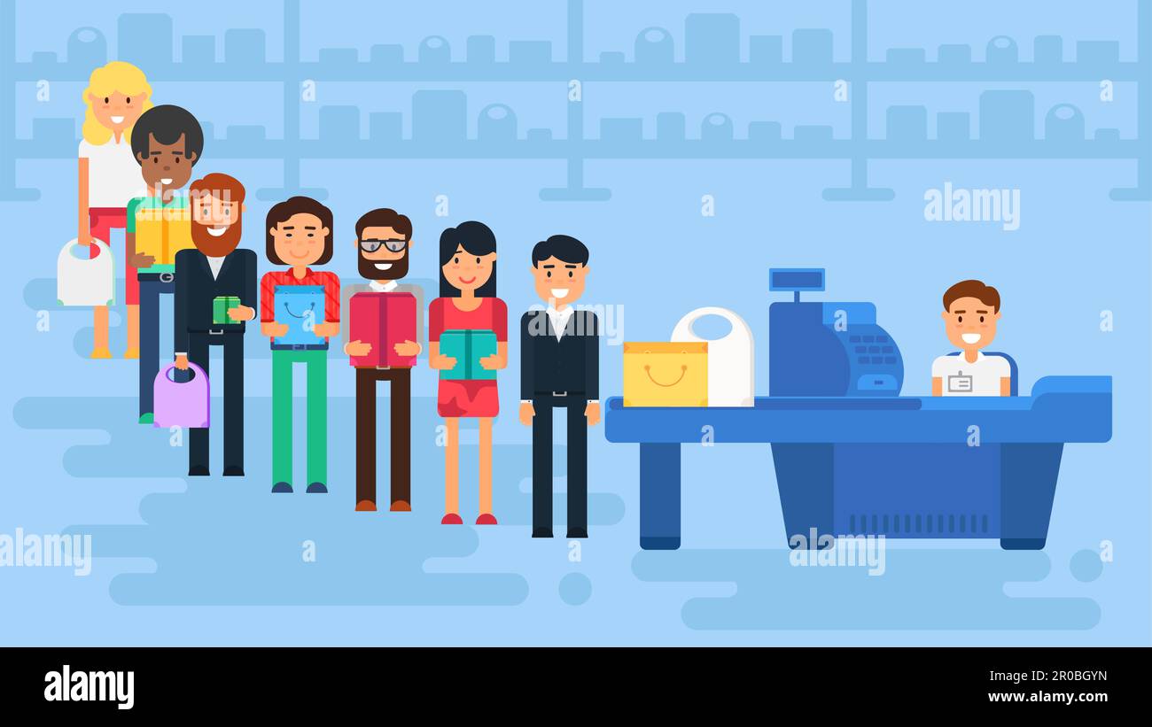 Store with customers crowd and cashier near cash desk. Store or market