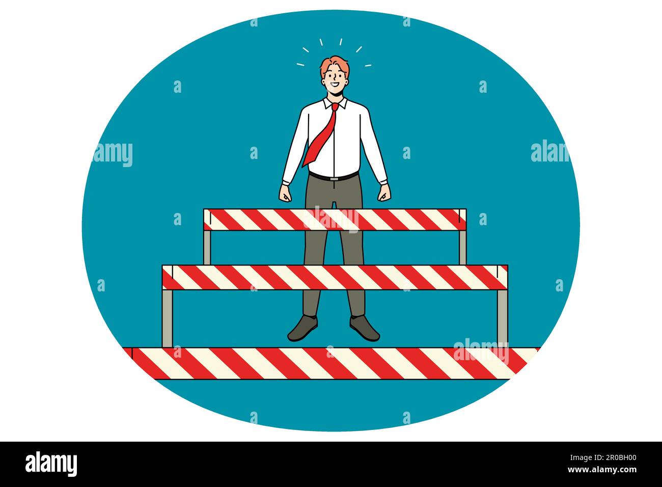 Businessman stand overcome obstacles on way to career or work success. Motivated happy man employee pass barriers to achievement. Challenge and accomplishment. Vector illustration. Stock Vector
