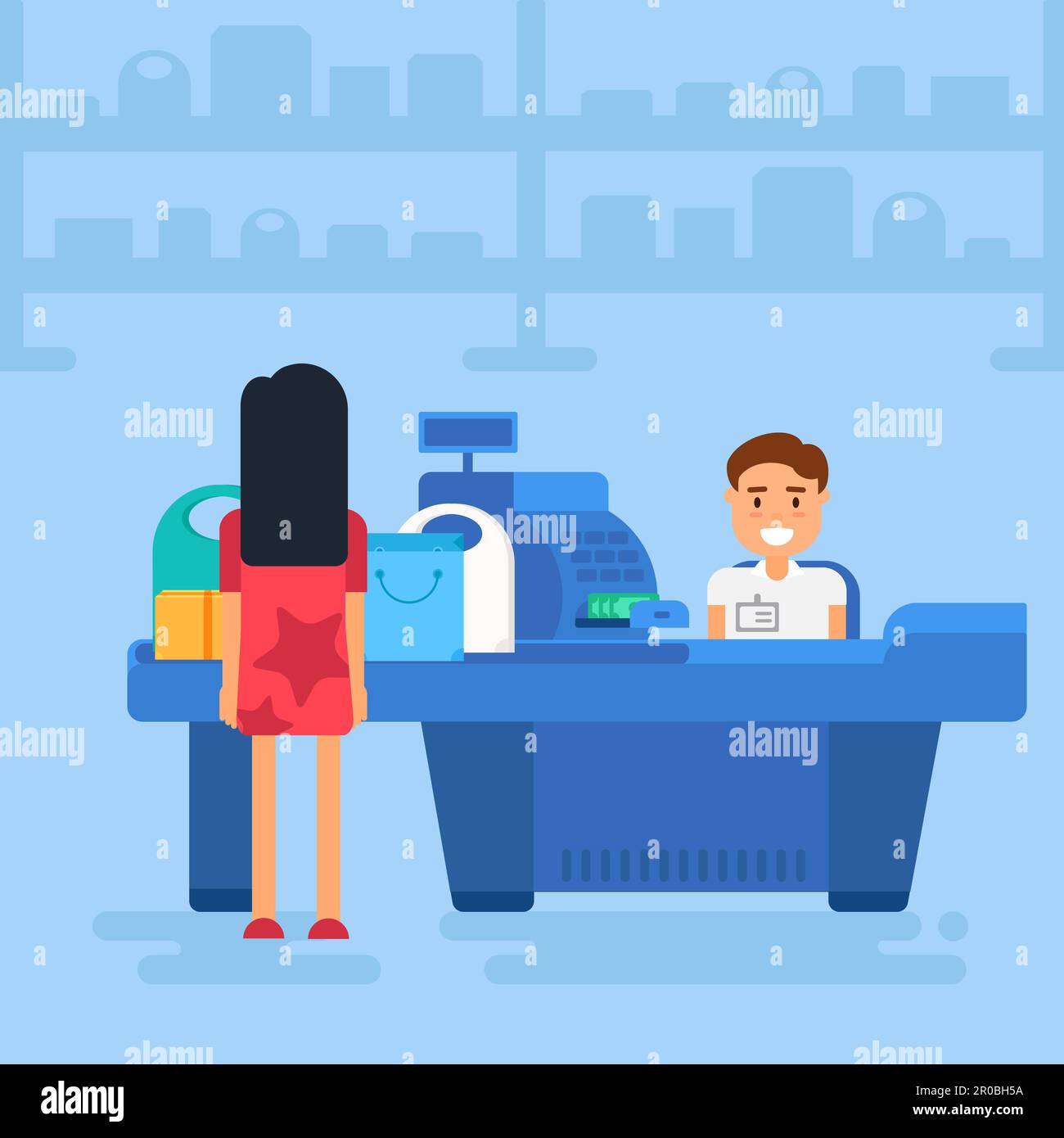 Store with customer and cashier near cash desk. Store or market retail