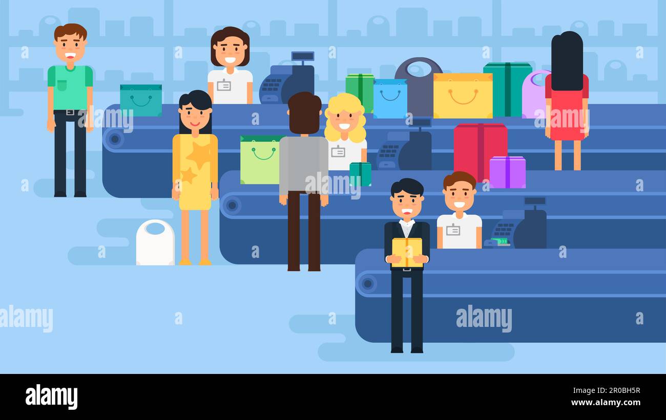 Store with customers crowd and cashier near cash desk. Store or market