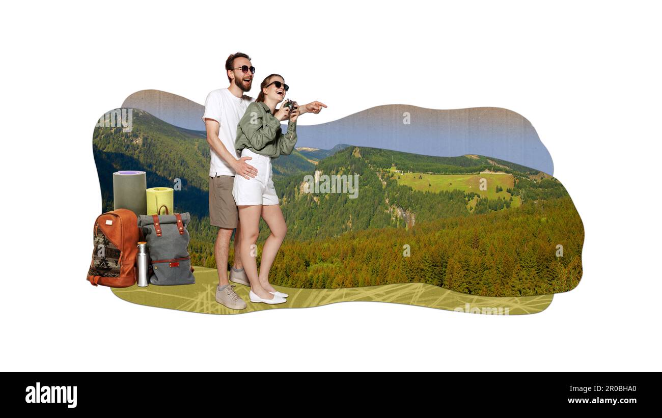 Happy young couple, man and women travelling together, hiking mountains with backpack. Fascinating nature view. Contemporary art collage. Stock Photo
