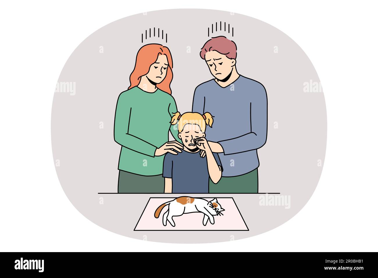 Family with child mourn of sick poor cat being unwell dying on table in