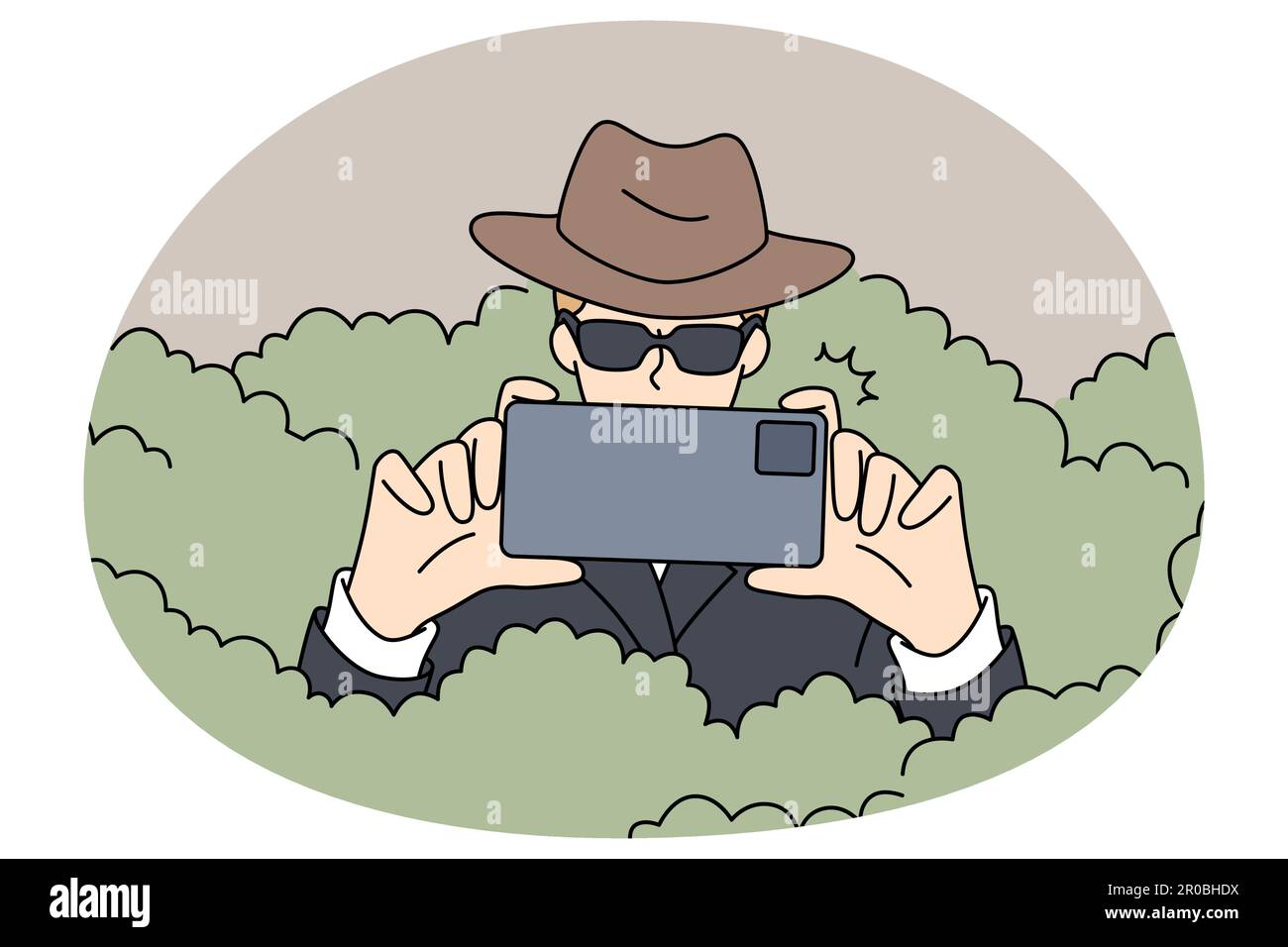 Private detective in sunglasses hiding in bushes photographing using
