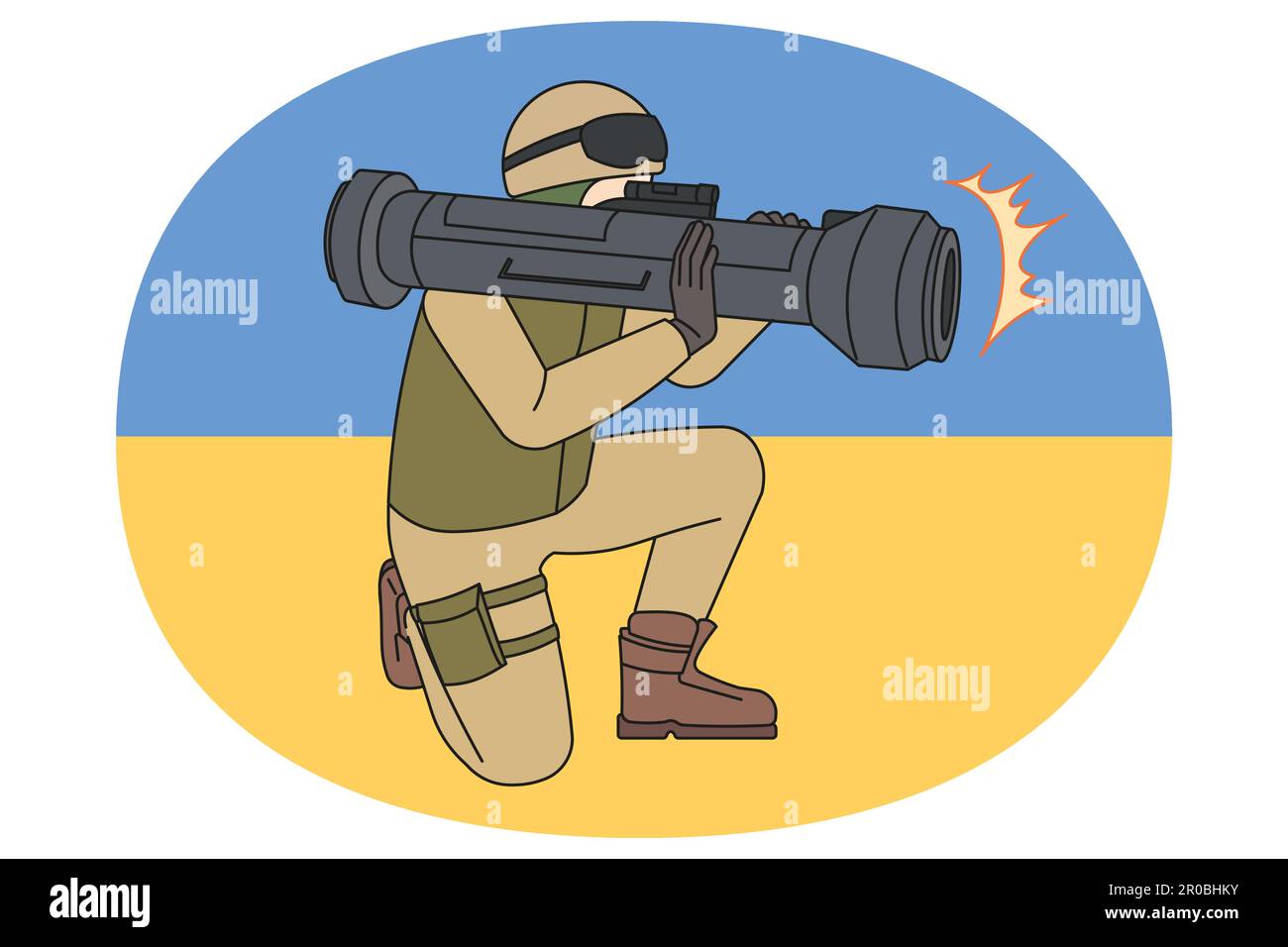 Soldier in uniform with missile weapon isolated on Ukrainian flag. Warrior or army man with anti-tank rifle fight for Ukraine in war against Russia. Modern rocket launcher. Vector illustration. Stock Vector