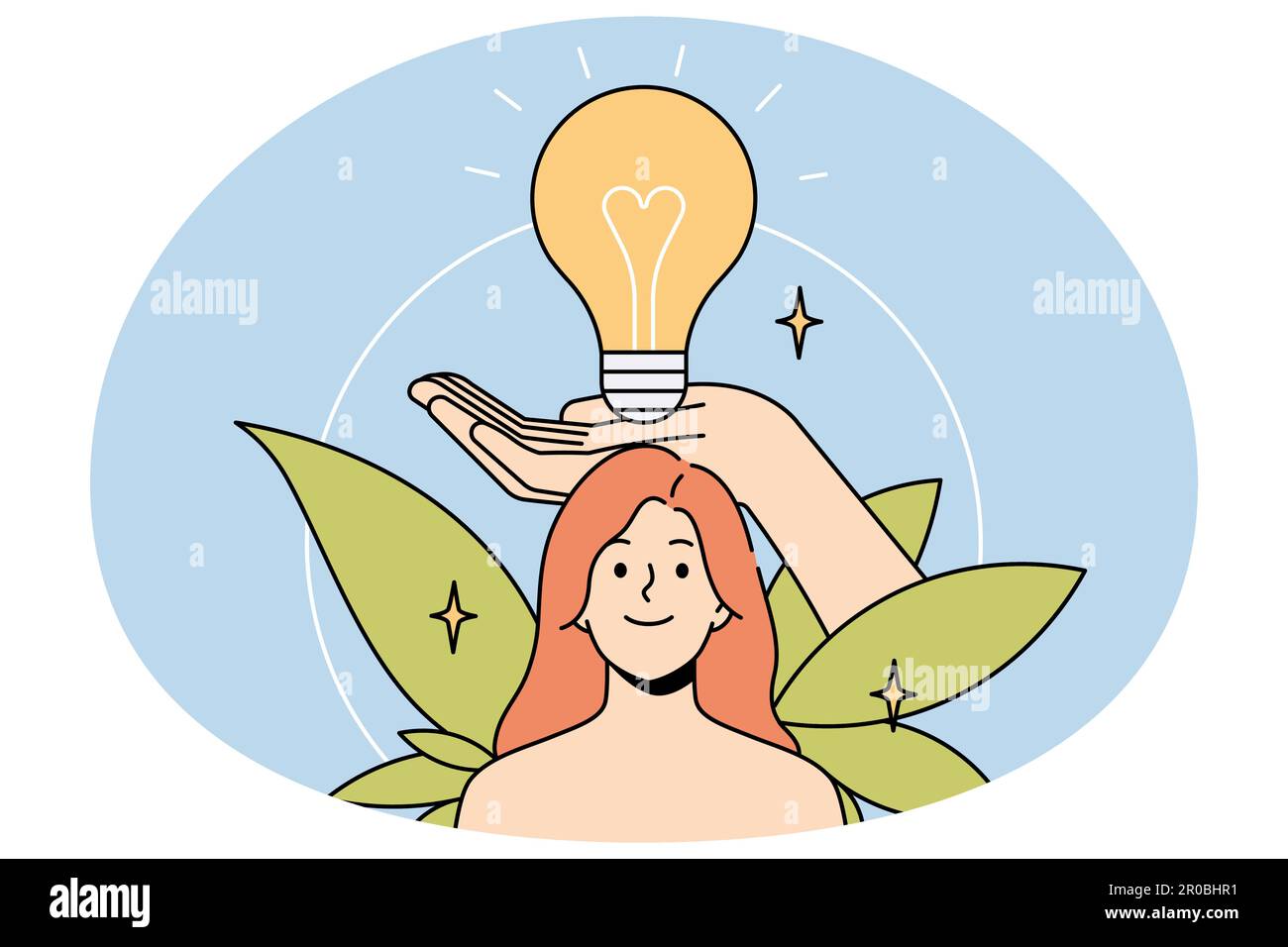 Huge hand holding lightbulb above smiling woman head. Happy female generate creative ideas brainstorm think over plans or thoughts. Visualization concept. Vector illustration. Stock Vector