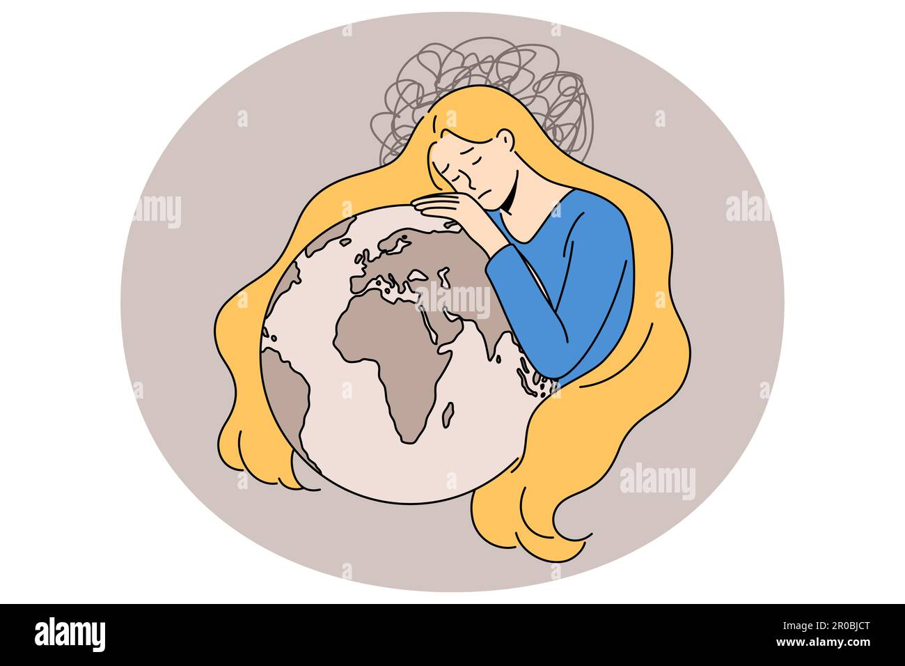 Sad young Ukrainian woman in national colors hug planet Earth stand for peace in Ukraine. Upset girl mourn and grief for land. Stop war, stop Russian aggression. Flat vector illustration. Stock Vector