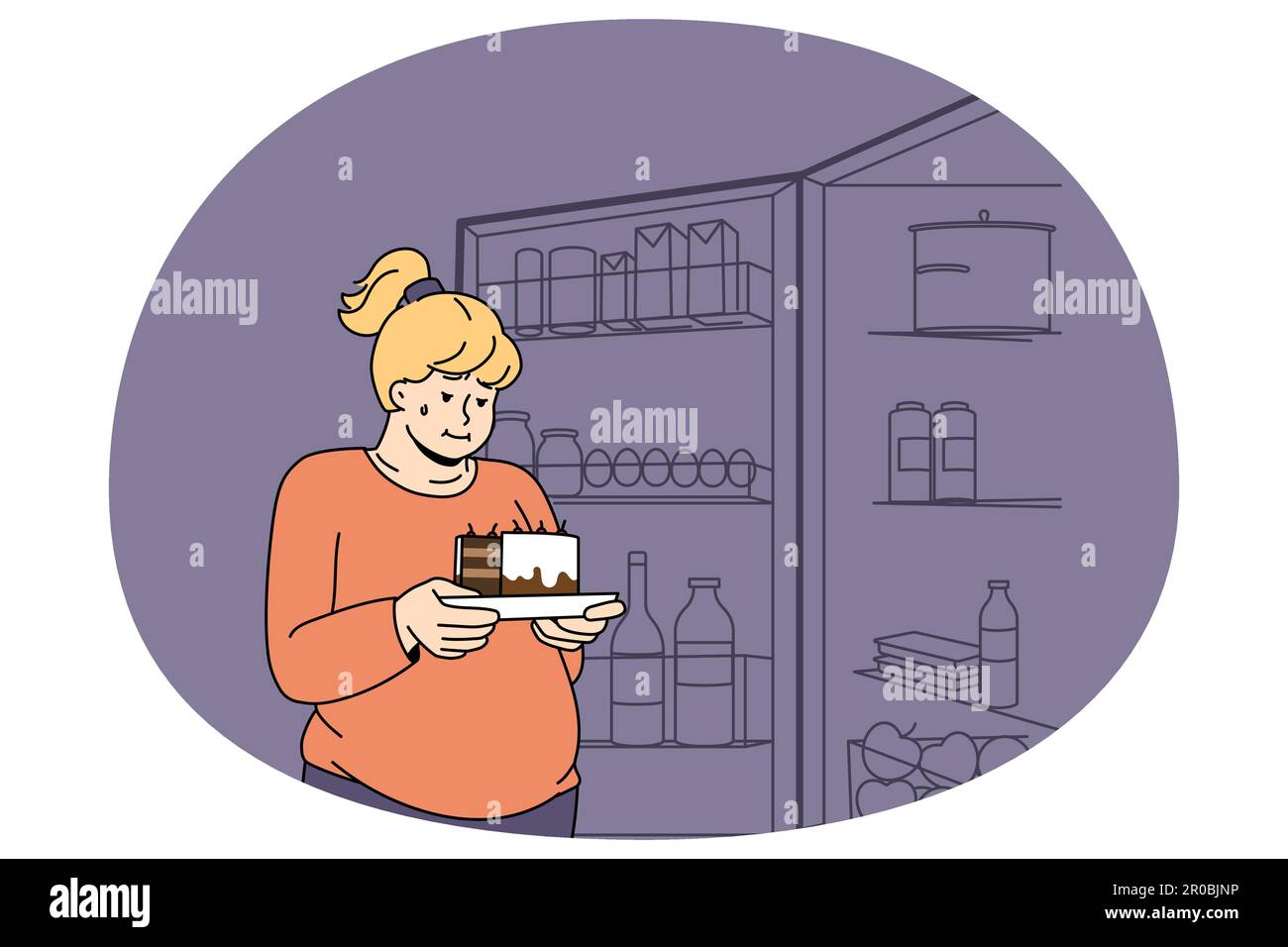 Fat woman holding piece of cake thinking of eating sweet stuff. Obese