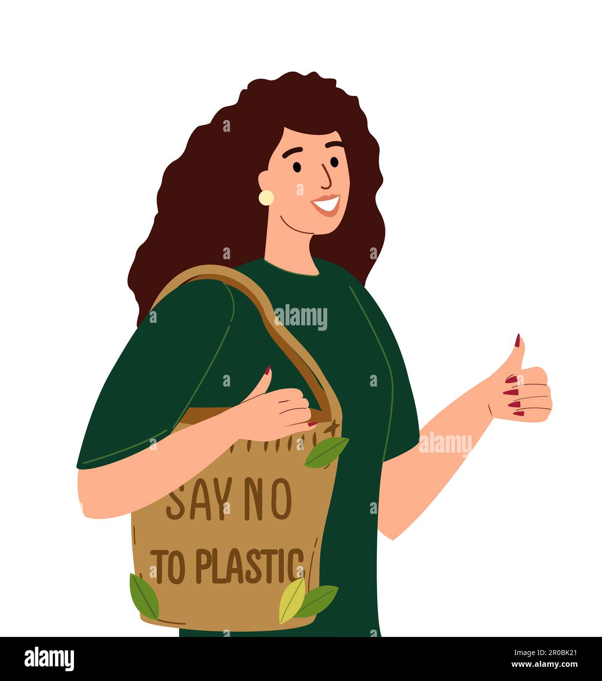 Happy Woman using Textile environmentally friendly reusable shopping bag or eco shopper with lettering Say No To Plastic Bags handwritten with modern Stock Photo