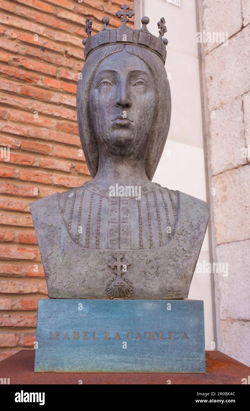 Valladolid, Spain - July 18th, 2020: Queen Isabella I of Castile bust. House Museum of Columbus and research centre for American history, Valladolid, Stock Photo