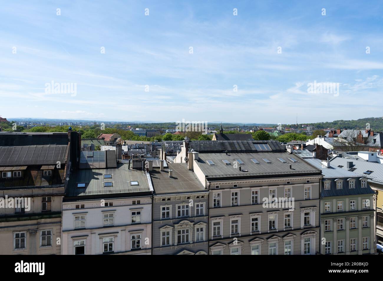 Krakow urban architecture. Aerial view of tenement houses in Cracow Old Town centre district in
