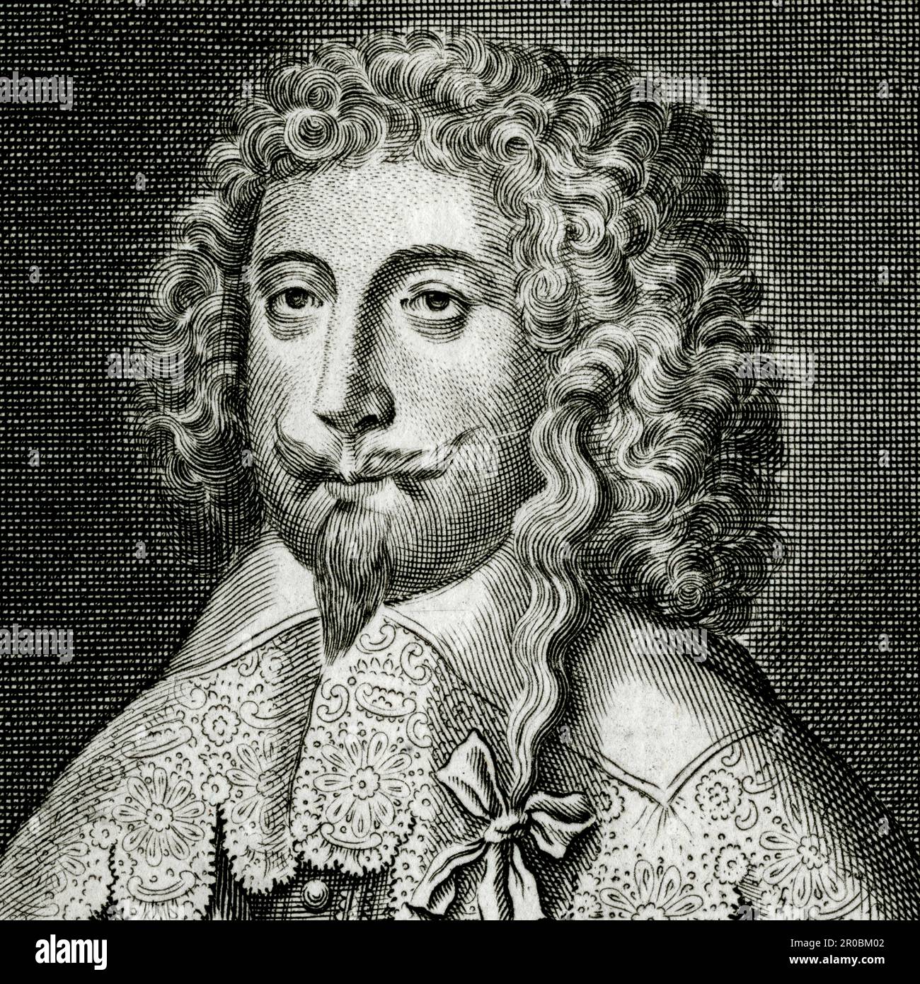 Edward Sackville (1591-1652), 4th Earl of Dorset, Lord Chamberlain to the French wife of King Charles I of England, Queen Henrietta Maria. After the trial and execution of King Charles I in 1649, Dorset was said never to have left his house in Fleet Street, London, until his own death. Square detail of engraving created in the 1700s by Michael Vandergucht (1660-1725), after a portrait by Sir Anthony Van Dyck. Stock Photo