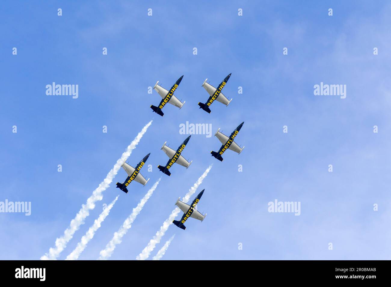 Breitling jet team formation at Aerolac with smoke trail Stock Photo